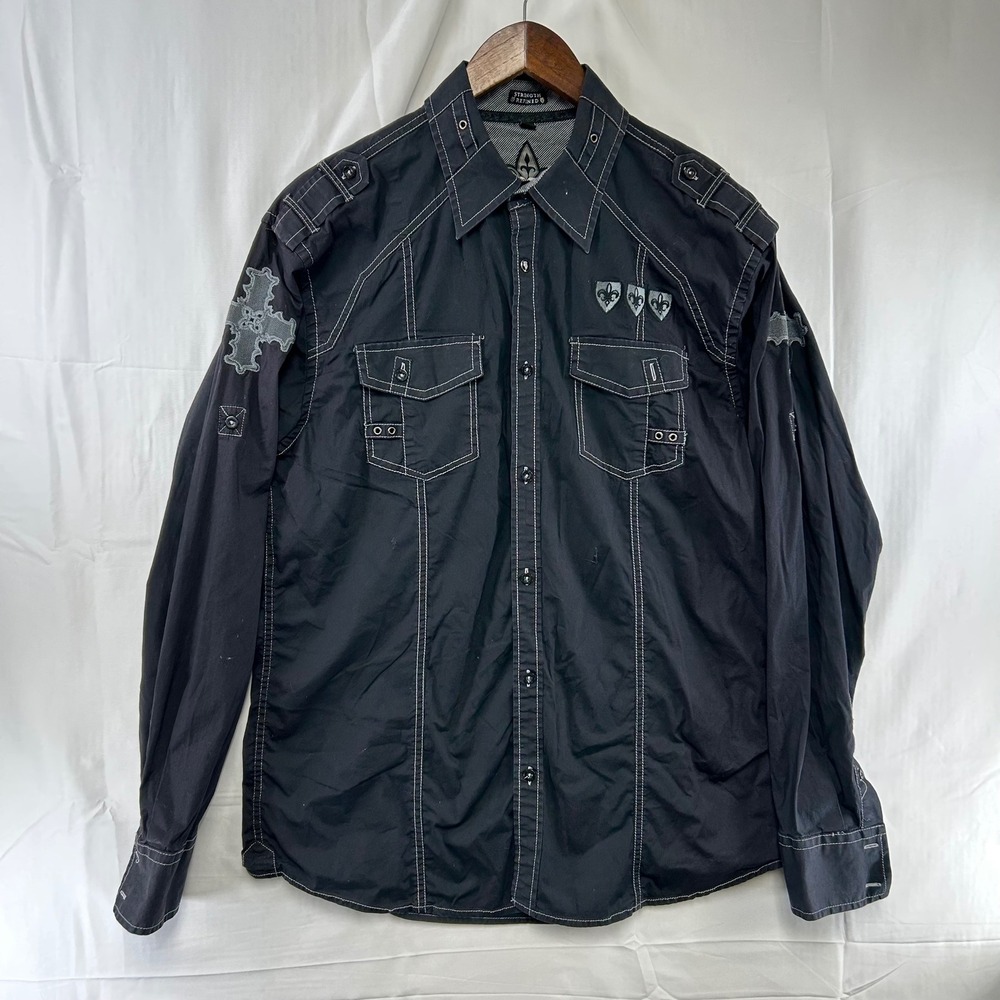 Roar Button Up Shirt Mens XL Black Elect Military Embroidered Contrast Stitch
